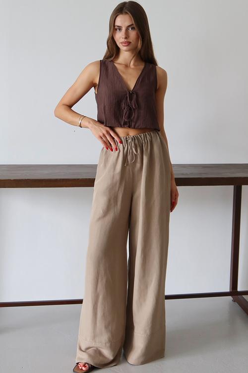 Linen Blend Wide Leg Trousers - Mink