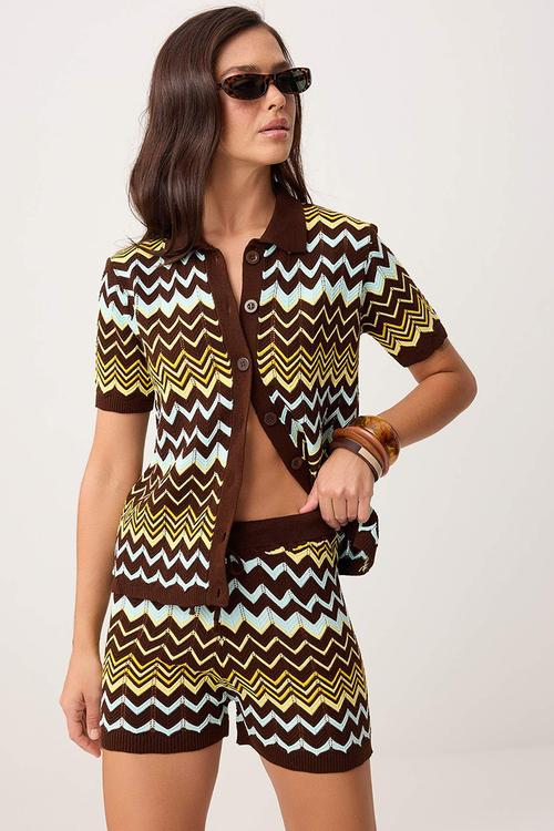 Color Block Shirt-Blouse Knitwear Bottom - Top Set - Brown