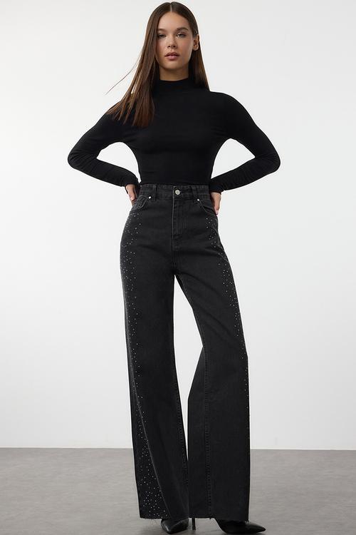 High Waist Wide Leg Jeans with Stone Detail - Black