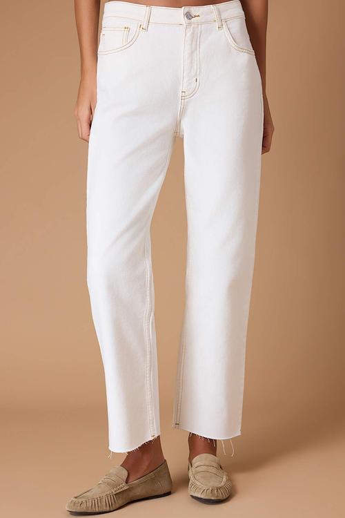 High Waist Straight Cut Jeans with Cut-Out Detail - Ecru