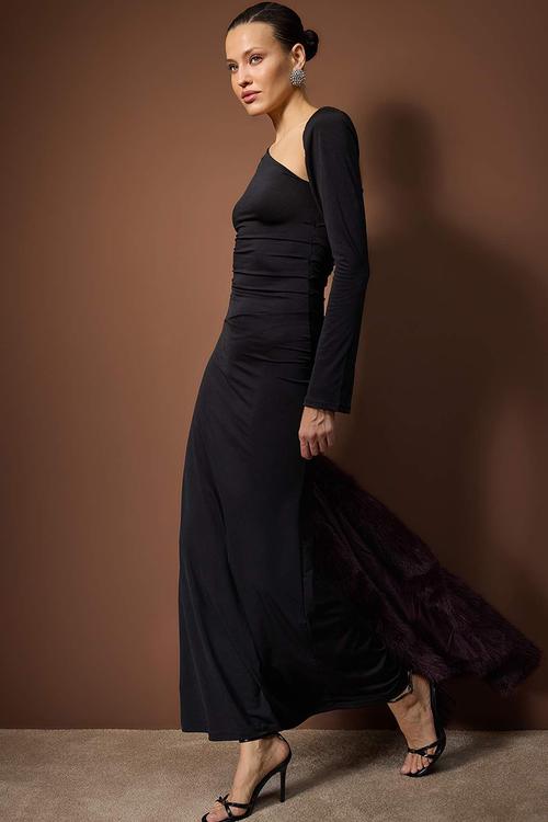 Knitted Maxi Evening Dress & Graduation Dress - Black
