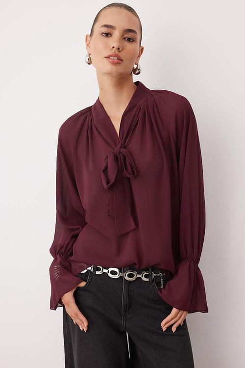 Halter Neck Unlined Sheer Blouse - Dark Burgundy
