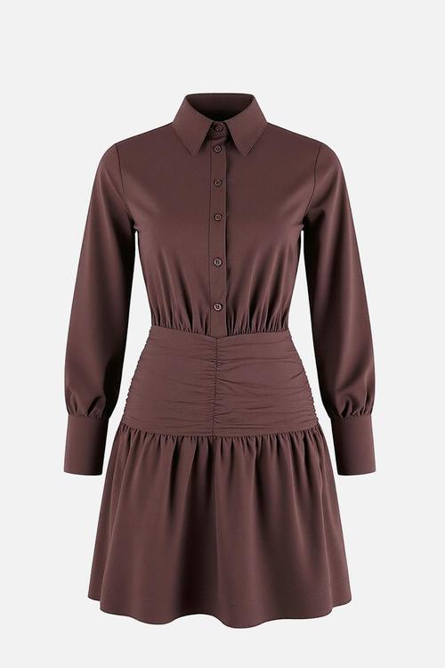 Waist Detail Mini Poplin Woven Dress - Dark Brown