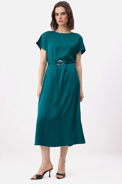 Belted Straight Midi Woven Dress - Emerald Green