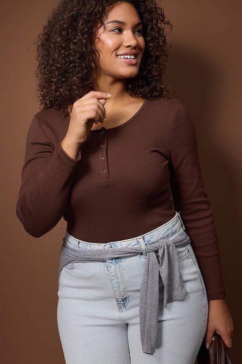 Plus Ribbed Knit Knitted Blouse - Dark Brown