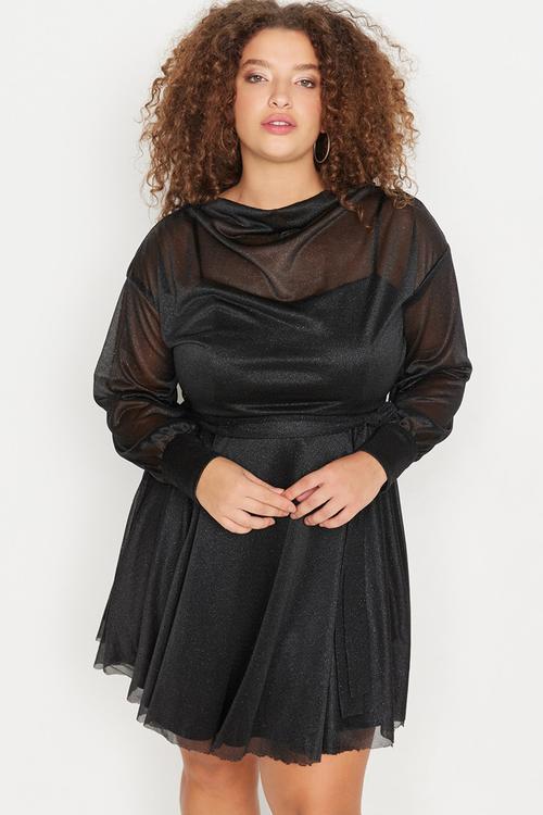 Plus Open Waist/Skater Silvery Mini Knitted Dress - Black