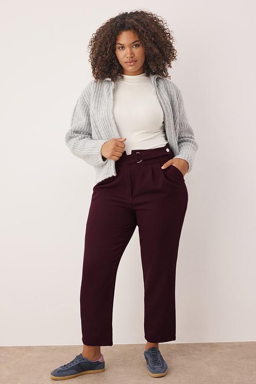Plus Waist Adjustable Belt Woven Fabric Pants - Plum