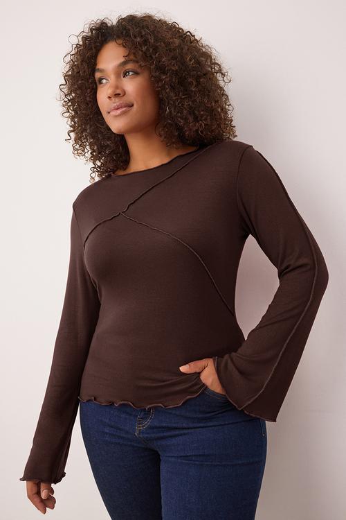 Plus Soft Fabric Ribbed Detail Spanish Sleeve Knitted Blouse - Brown