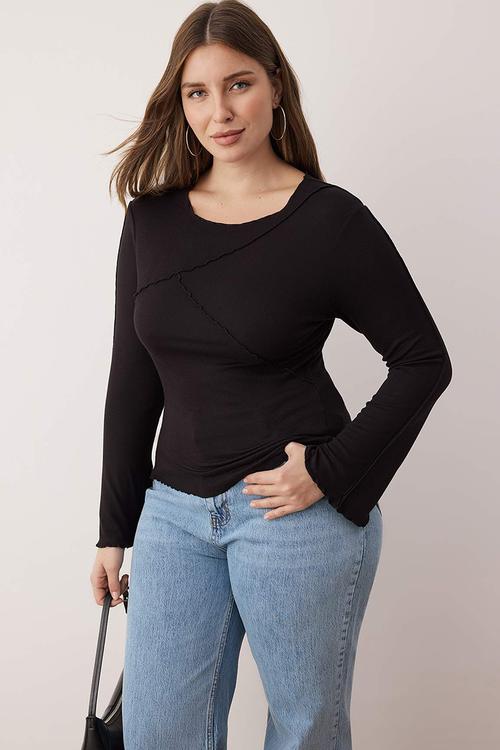 Plus Soft Fabric Ribbed Detail Spanish Sleeve Knitted Blouse - Black