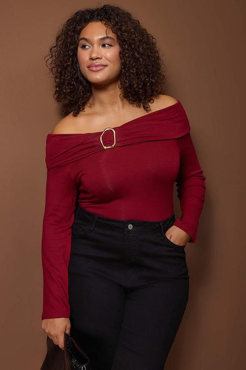 Plus Viscose Soft Fabric Bodycon Carmen Collar Knitted Blouse - Red