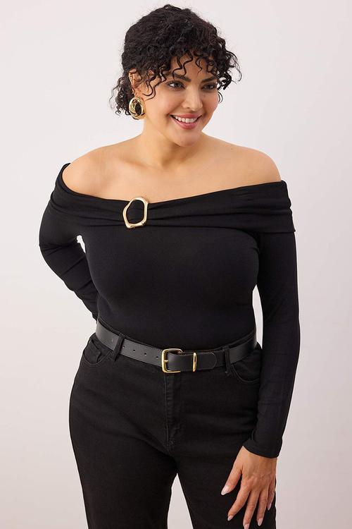 Plus Viscose Soft Fabric Bodycon Carmen Collar Knitted Blouse - Black