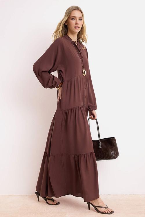 Plain Woven Shally Dress - Brown