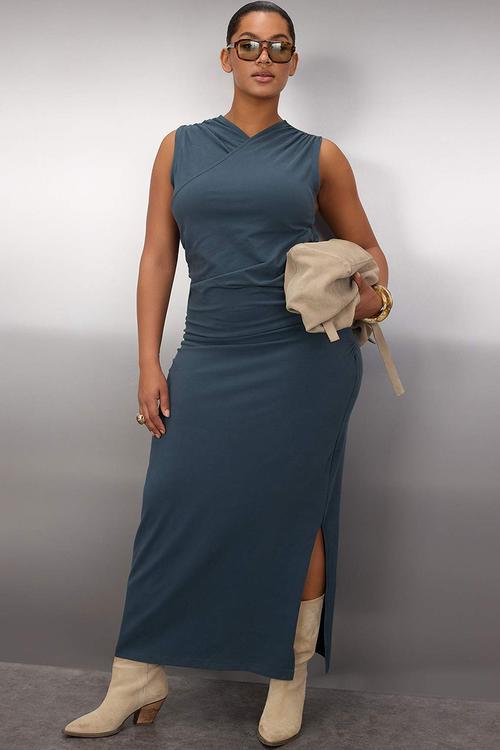 Plus Double Breasted Collar Side Gathered Knitted Dress - Petrol