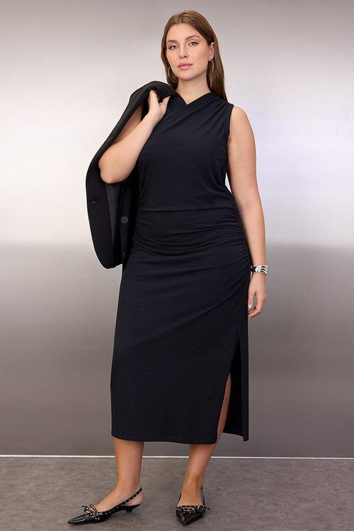 Plus Double Breasted Collar Side Gathered Knitted Maxi Dress - Black