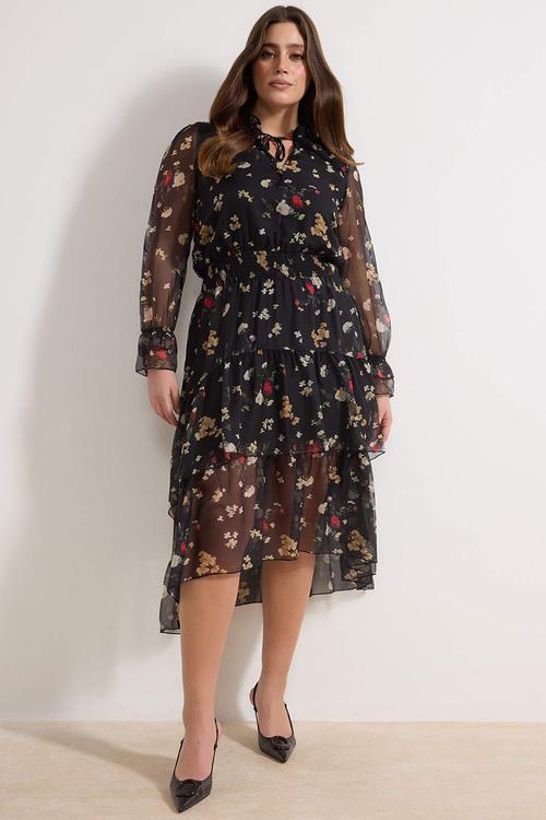 Plus Halter Shawl Pattern Chiffon Woven Winter Dress - Black