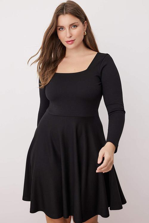 Plus Square Collar Skater Mini Knitted Dress - Black