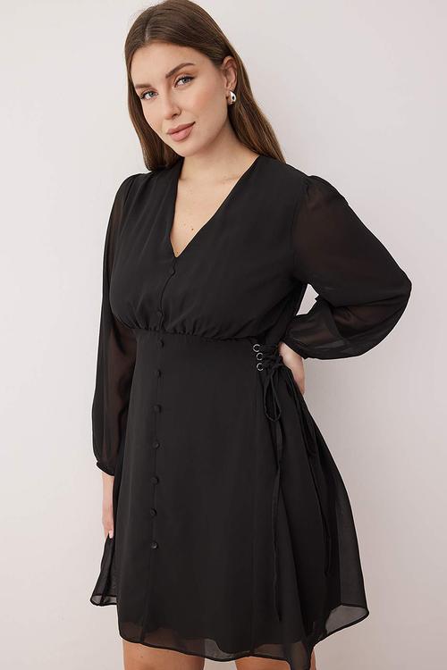 Plus Eyelet Detail Button Lined Chiffon Woven Dress - Black