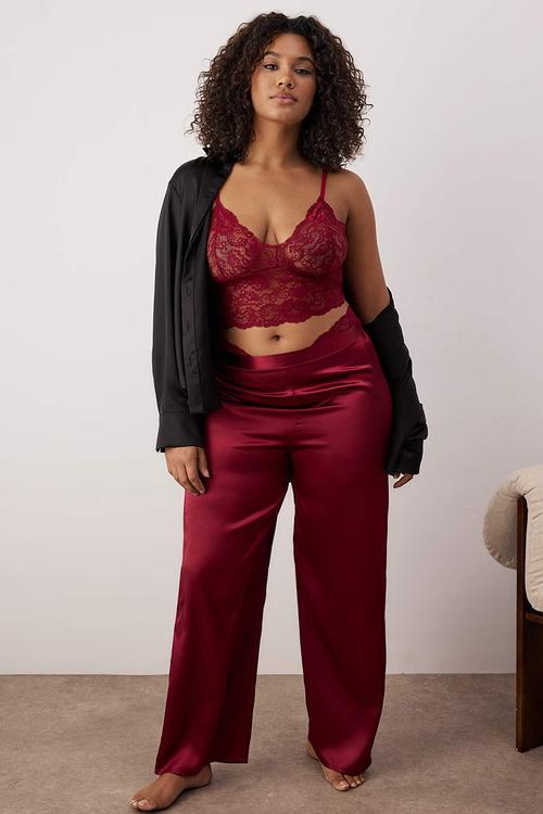 Plus 3-Piece Dowry Set Top Lace Bottom Satin Pajama Set - Burgundy