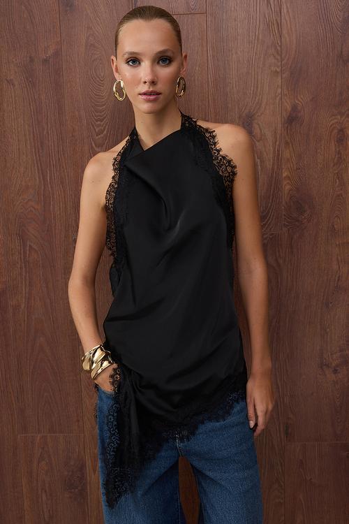 Asymmetric Satin Blouse - Black