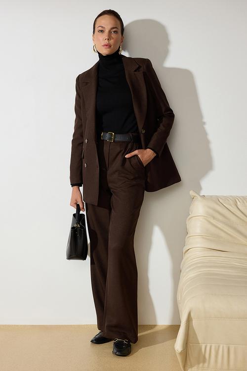 Linen-Textured Jacket and Trousers Set - Brown