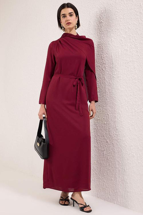 Cape Detailed Woven Dress - Burgundy