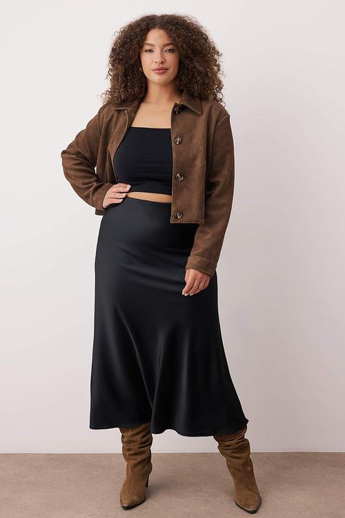 Plus Midi Length Satin Woven Skirt - Black