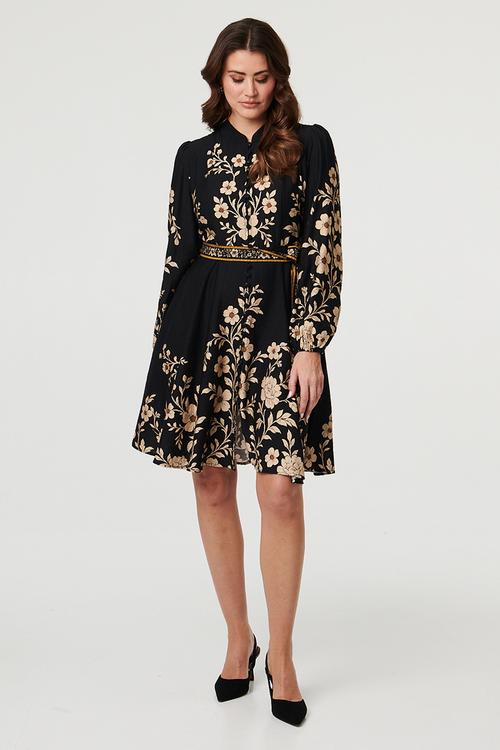 Long Sleeve Button Through Midi Dress With Tie Belt - Floral