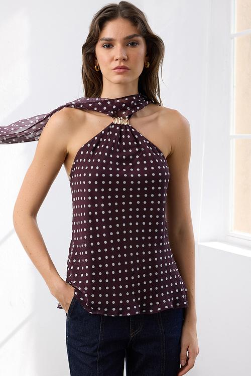 Polka Dot Halter Neck Blouse - Dark Burgundy