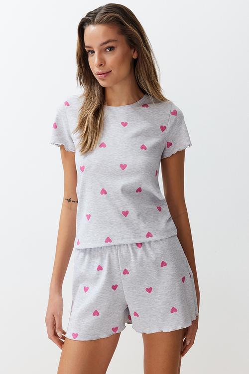 Heart-printed slogan pajama shorts set - gray melange