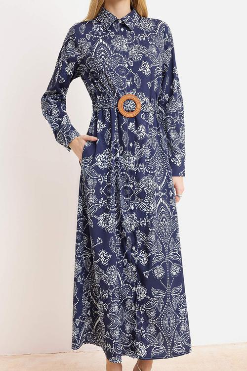 Woven Terrycotton Dress - Navy Blue