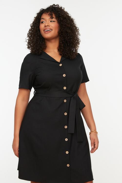 Plus Midi Shirt Dress Belted and Buttoned - Black