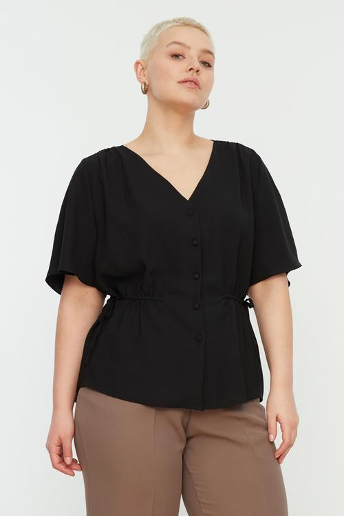 Plus Woven V-NeckTie -Up Blouse - Black