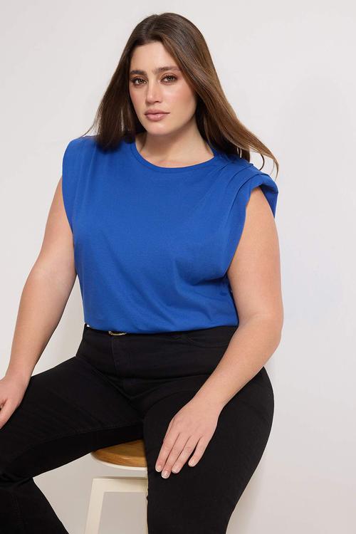 Plus Crew Neck Basic 100% Cotton Knitted Blouse - Blue
