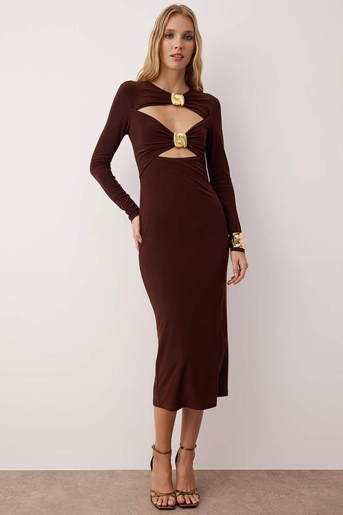 Cut-Out Detailed Accessory Knitted Midi Lined Dress - Brown