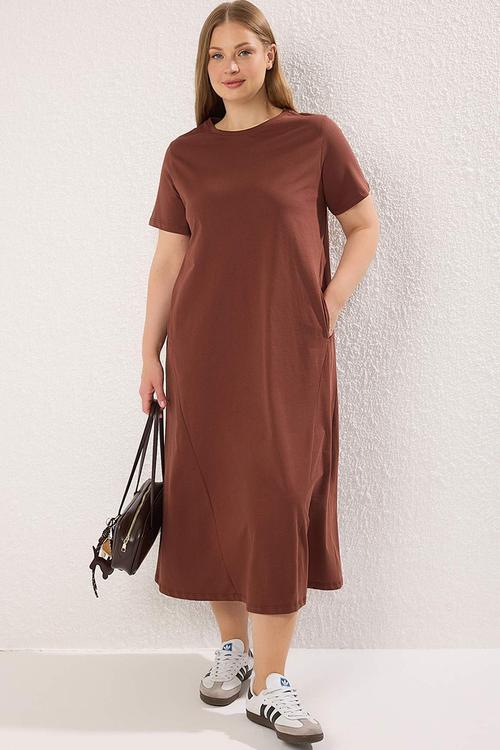 Plus Midi 100% Cotton Knitted T-Shirt Dress - Brown
