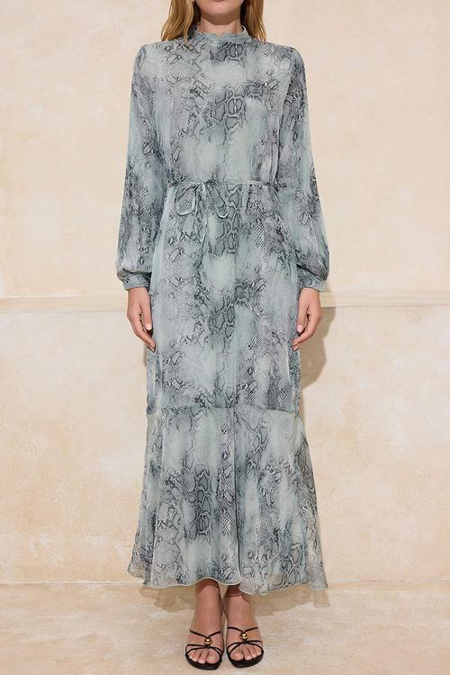Snake Pattern Lined Chiffon Dress - Green