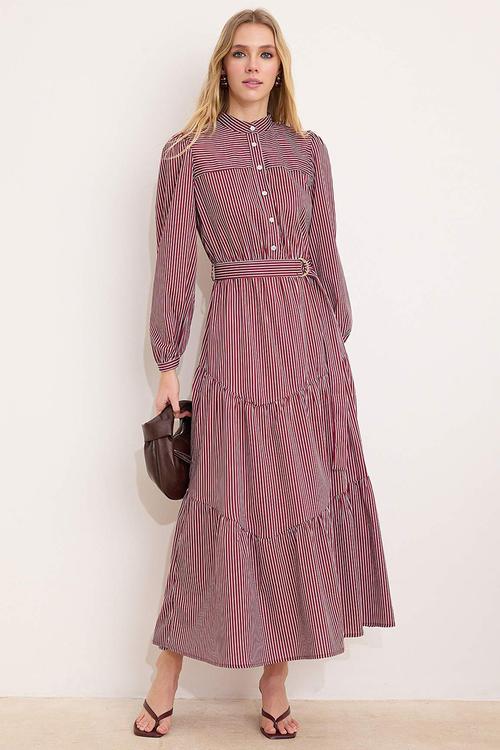 Striped Woven Terrycotton Dress - Burgundy
