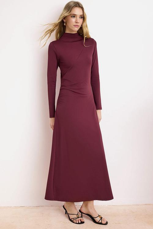 Plain Knitted Ruched Detail Sandy Dress - Plum