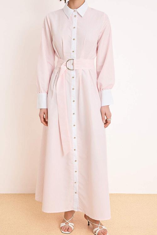 Belted Striped Woven Terrycotton Dress - Light Pink