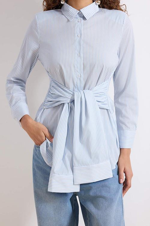 Striped Front Tie Detailed Woven Shirt - Blue