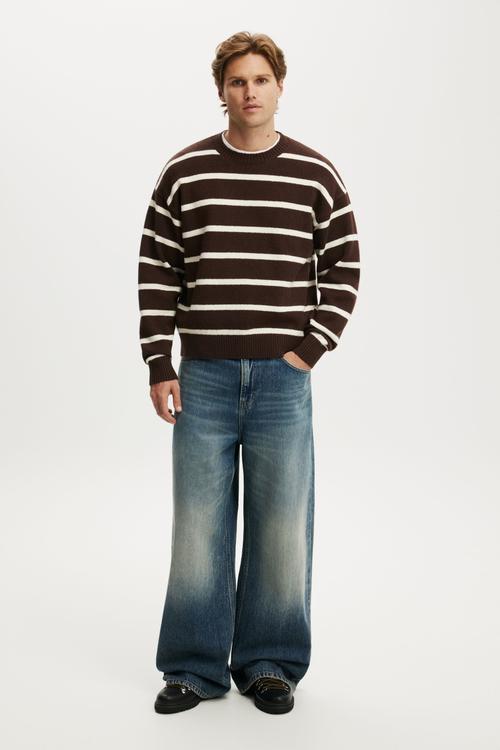 Box fit crew knit - chocolate stripe