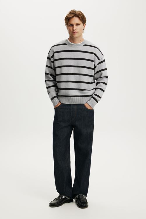 Box Fit Crew Knit - Grey Marle Bold Stripe