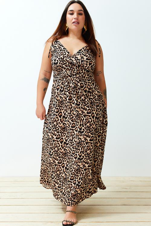 Plus Leopard Print Camel Maxi Summer Dress Slit Long Length - Camel