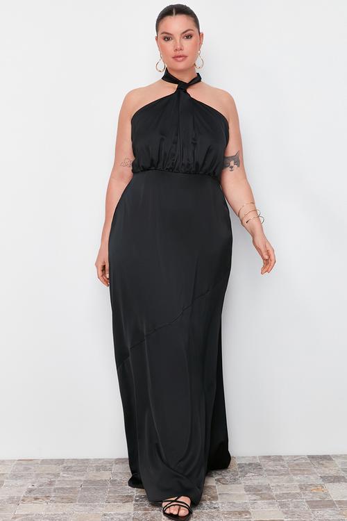 Plus Halter Neck Satin Maxi/Long Evening Dress - Black
