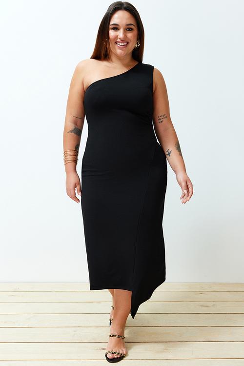 Plus Single Shoulder Asymmetrical Knitted Dress - Black