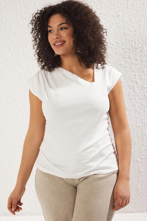 Plus Asymmetrical Neckline Knitted Blouse - Ecru