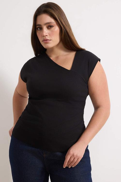 Plus Soft Fabric Asymmetric Collar 100% Cotton Knitted Blouse - Bllack