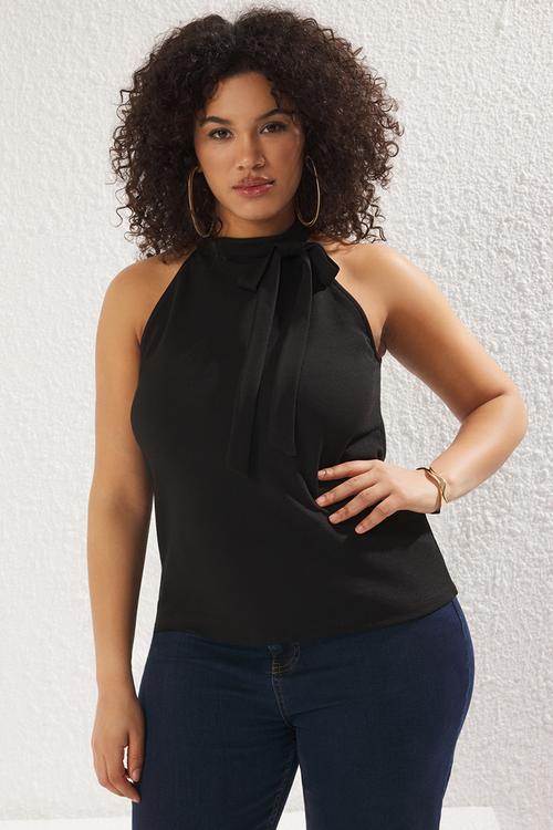 Plus Halter Neck Lacing Detail Knitted Blouse - Black