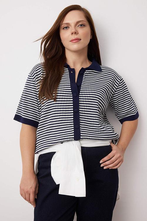 Plus Polo Collar Striped Knitwear Blouse - Navy Blue