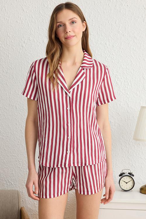 Striped textured pajamas set - burgundy